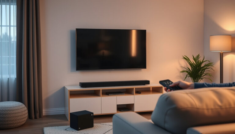 Ohut soundbar television alla tason päällä ja langaton subwoofer sohvan vieraina olohuoneessa