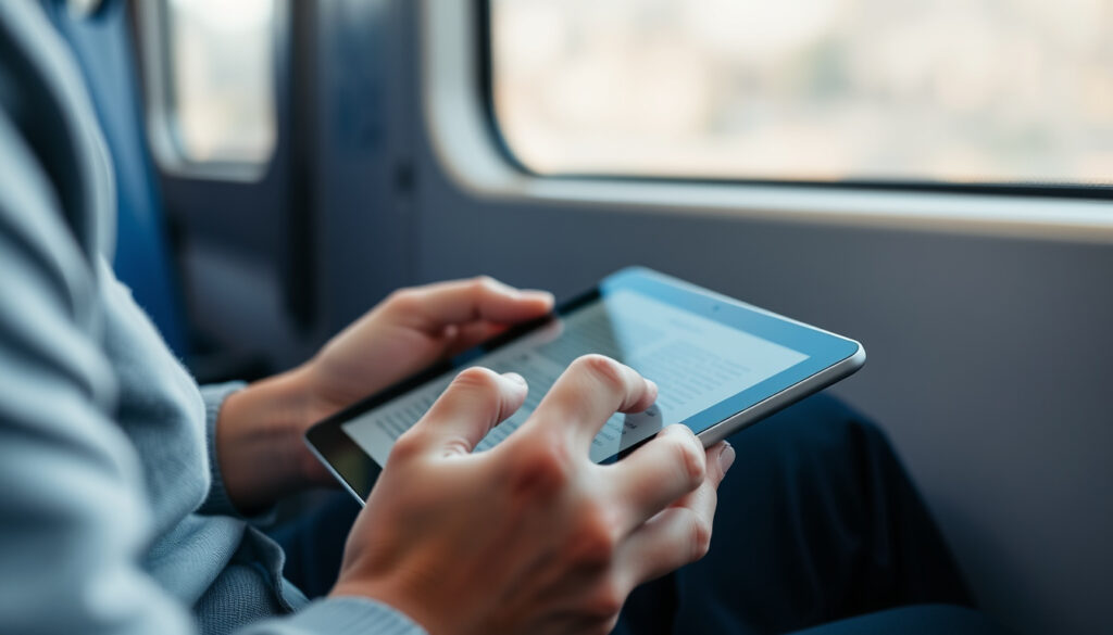 Henkilö pitää kädessään pientä tablettia junassa ja selaa näytöllä sisältöä