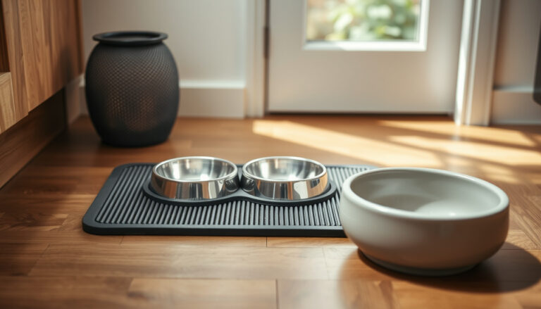 Kaksi teräskulhoa silikonimatolla ja painava keraaminen ruokakuppi kodin lattialla
