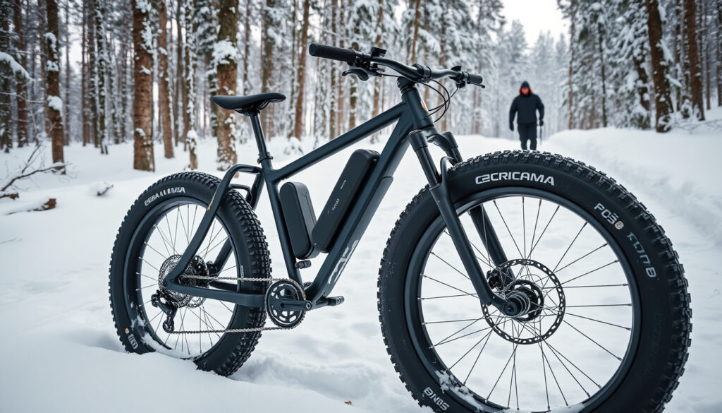 Leveärenkainen sähköavusteinen fatbike seisoo lumisella metsäpolulla talvisessa Suomessa.