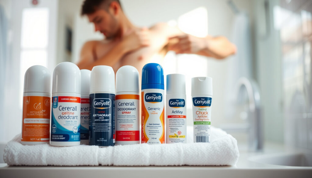 Avoimet roll-on- ja suihkedeodoranttipullot pyyhkeellä, henkilö levittää tuotetta kainaloon kirkkaassa kylpyhuoneessa.
