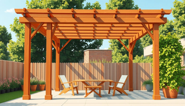 Yksinkertainen puinen pergola avoimella rimakatteella terassilla pihalla, alla oleskelutila ja köynnöskasveja sivulla